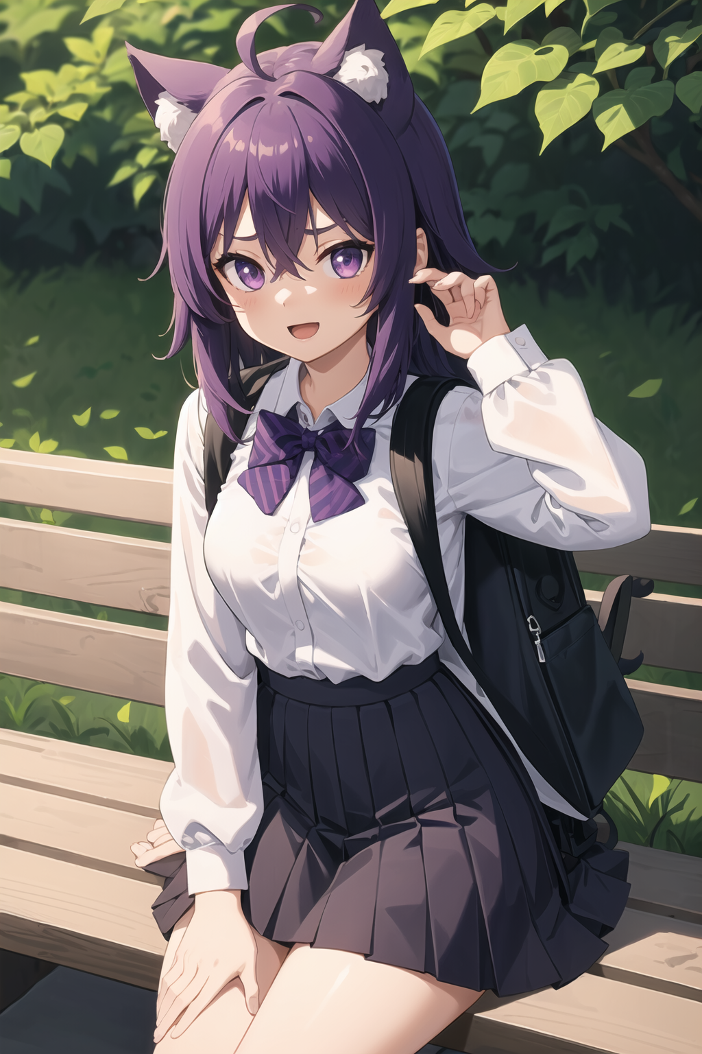 00004-2870056693-best quality, masterpiece,girl,1girl, ahoge, animal_ear_fluff, animal_ears, backpack, bag, bangs, bench, between_legs, black_cat.png